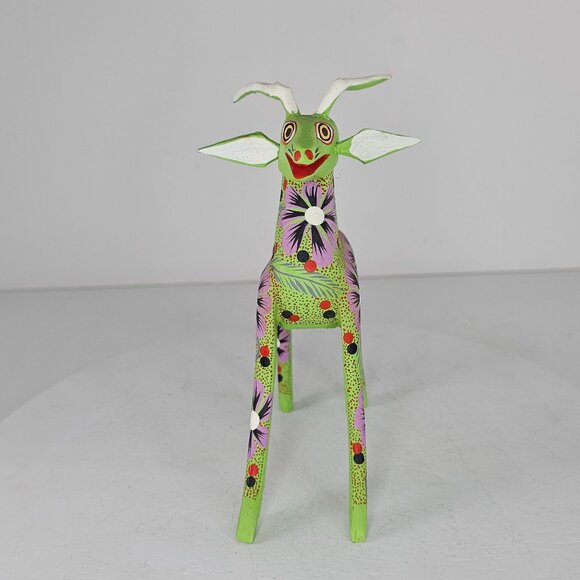 Handcrafted Green Floral Alebrije Deer Goat Figurine By Juan Hernandez Cruz - Picture 3 of 8